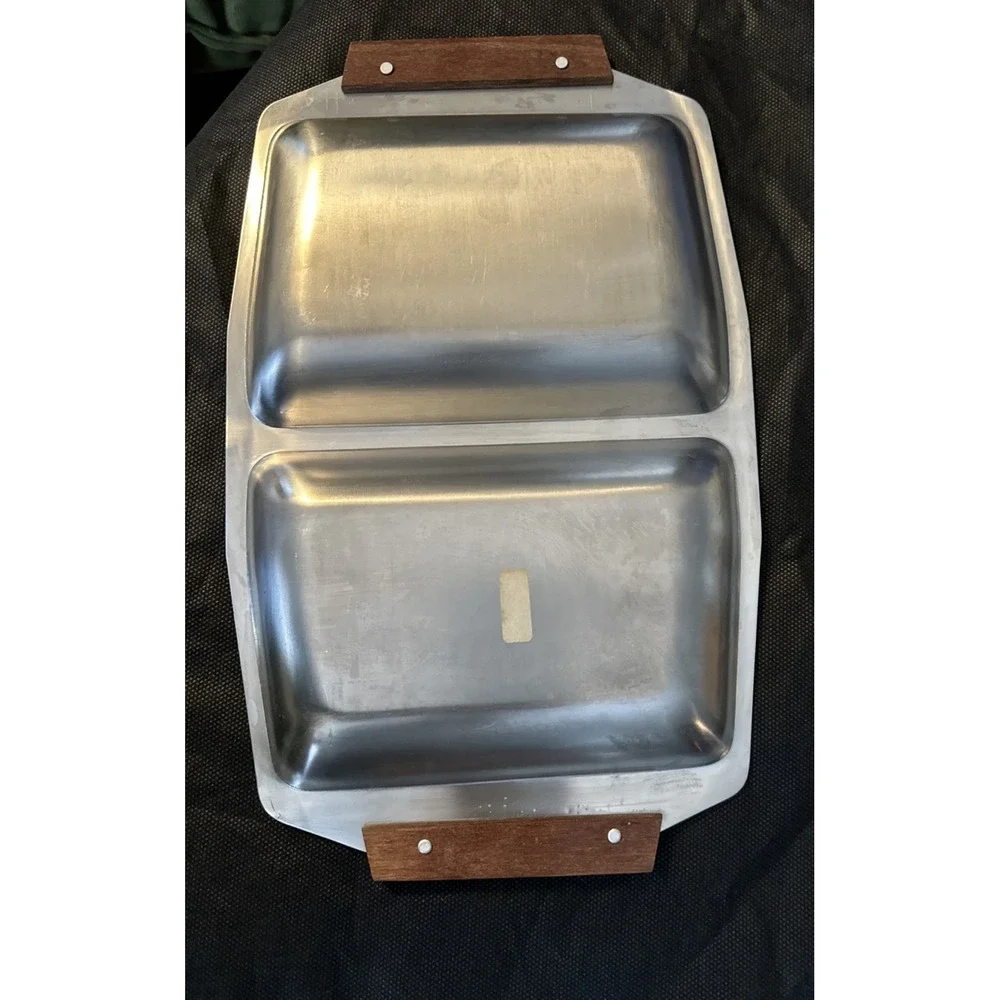 MCM  Stainless Steel Wood Handle Double Serving Tray Mid Century Modern